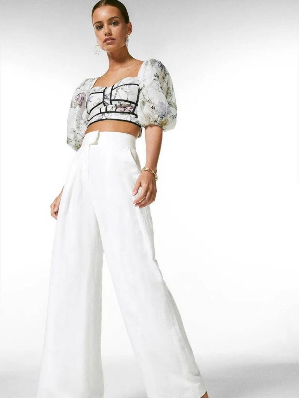 Karen Millen Botanical Silk Cotton Volume Sleeve Top 2 NWT White - Picture 2 of 7